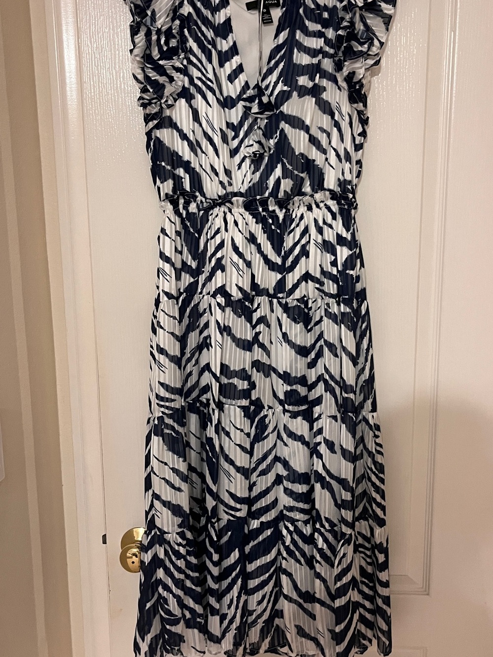 Aqua Navy and White Zebra-Print Tiered Maxi Dress